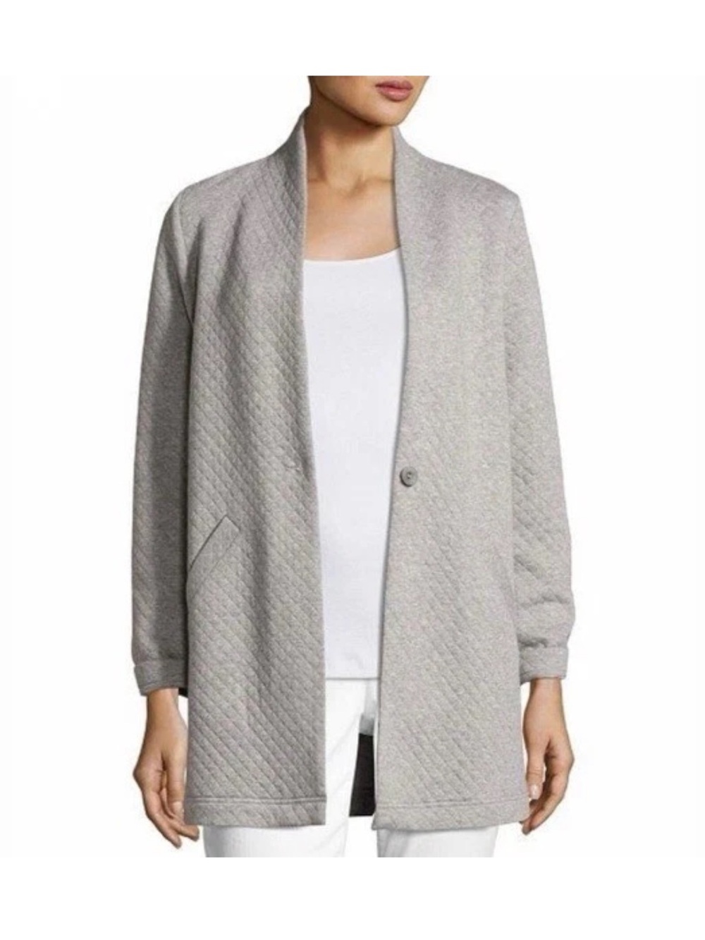 Eileen Fisher Quilted Cotton Collar Jacket with Pockets Gray Size M